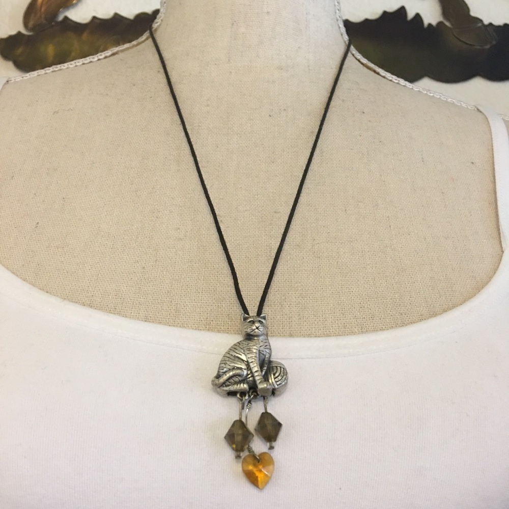 Silver cat pendant on cord with hidden mouse